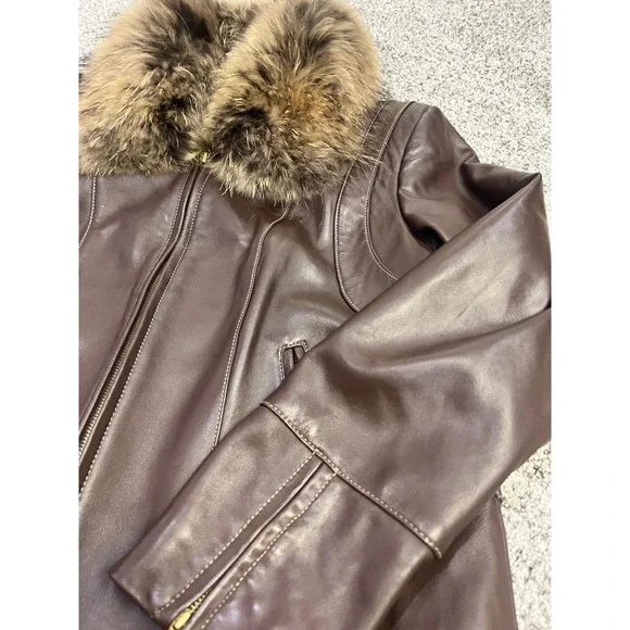 Luxury Women's Genuine Leather Real Fur Collar Jacket Brown Warm Winter Coat Y2K - Picture 2 of 14